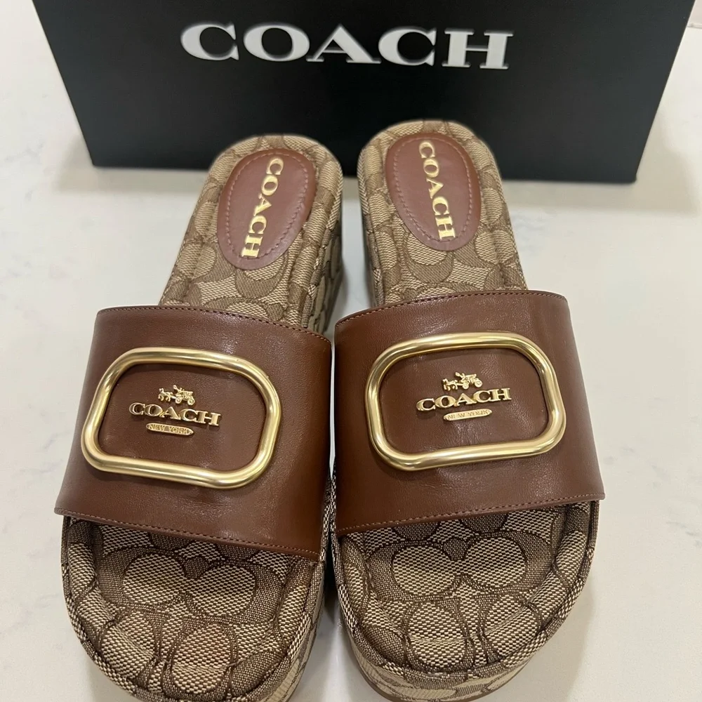 Coach Tan and Gold Logo Slides - Picture 9 of 15